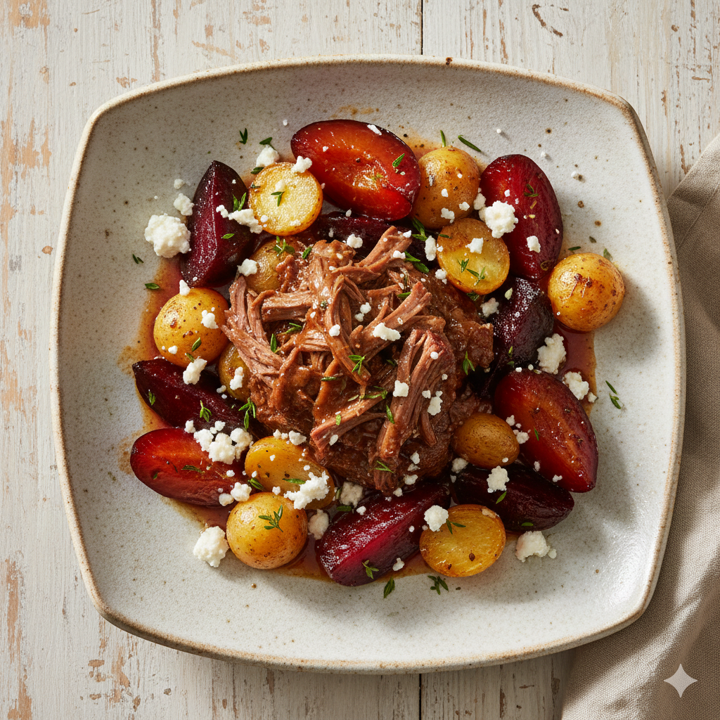 Slow-Cooked Beef with Caramelised Plum, Beetroot and Feta
